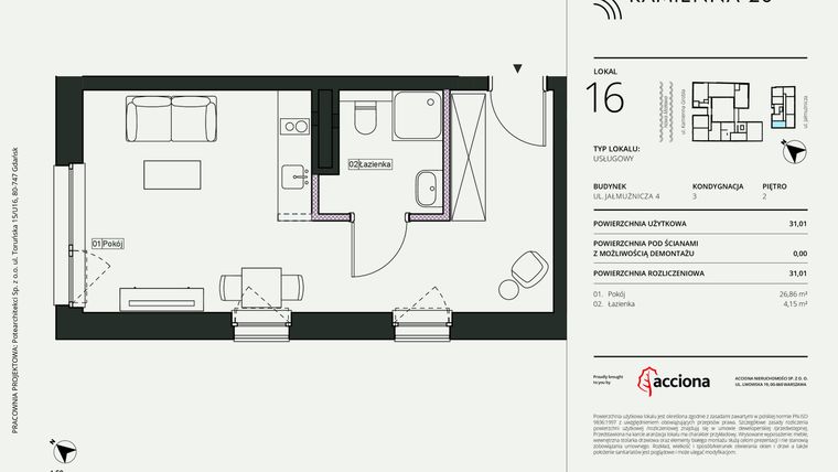 Rzut - Mieszkanie na sprzedaż 1 pokój o powierzchni 31,01 m² - numer 4.16 w Kamienna 28 - apartamenty inwestycyjne