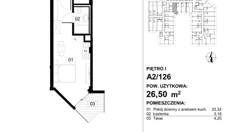 Rzut - Mieszkanie na sprzedaż 1 pokój o powierzchni 26,7 m² - numer 126 w Apollo Resort
