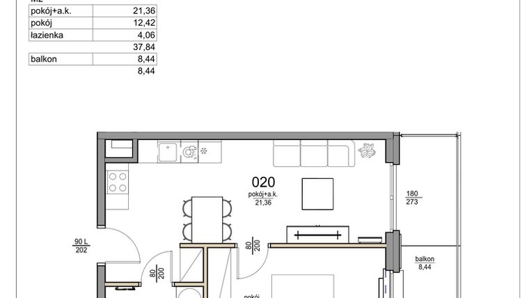 Rzut - Mieszkanie na sprzedaż 2 pokoje o powierzchni 37,84 m² - numer 20 w Rezydencja Liwska 3