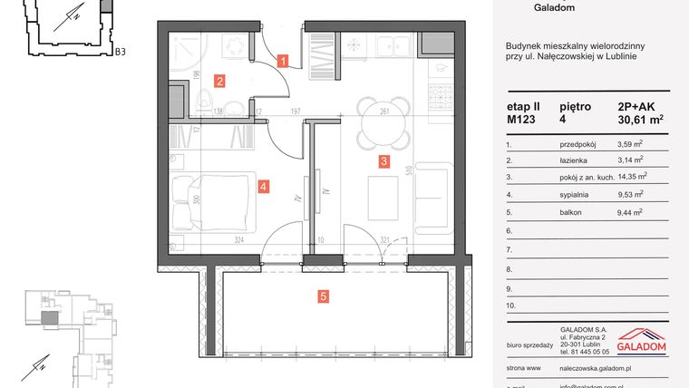 Rzut - Mieszkanie na sprzedaż 2 pokoje o powierzchni 30,61 m² - numer M-123 w Nałęczowska etap II