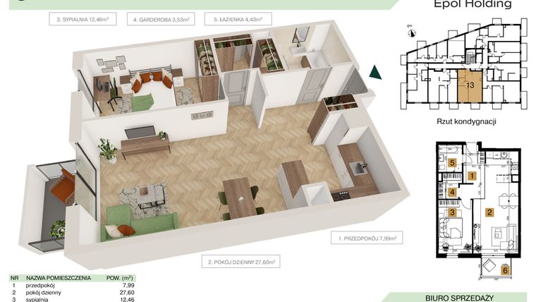 Rzut - Mieszkanie na sprzedaż 2 pokoje o powierzchni 56,01 m² - numer B1.M13 w Tutaj Bunscha