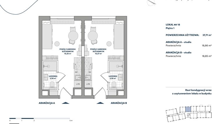 Rzut - Mieszkanie na sprzedaż 2 pokoje o powierzchni 37,71 m² - numer 18 w AtHome - Apartamenty inwestycyjne