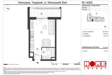 Rzut - Mieszkanie na sprzedaż 1 pokój o powierzchni 27,66 m² - numer B1-A052 w Warszawski Świt etap VIII