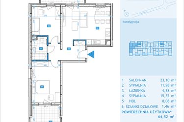 Rzut - Mieszkanie na sprzedaż 3 pokoje o powierzchni 64,52 m² - numer E32 w Osiedle Botaników etap E