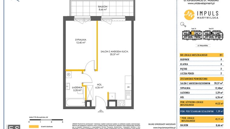 Rzut - Mieszkanie na sprzedaż 2 pokoje o powierzchni 44,32 m² - numer A/21 w Impuls Marywilska