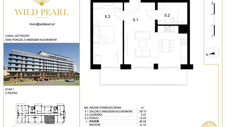 Rzut - Mieszkanie na sprzedaż 2 pokoje o powierzchni 47,12 m² - numer 4.5 w Wild Pearl - apartamenty inwestycyjne