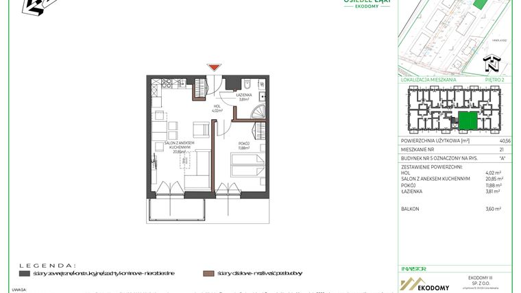 Rzut - Mieszkanie na sprzedaż 2 pokoje o powierzchni 40,56 m² - numer 21 w Osiedle Polna bud. 5