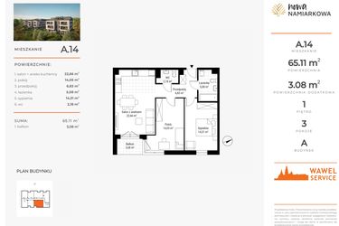 Rzut - Mieszkanie na sprzedaż 3 pokoje o powierzchni 65,11 m² - numer A.14 w Nowa Namiarkowa