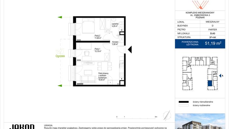 Rzut - Mieszkanie na sprzedaż 3 pokoje o powierzchni 51,19 m² - numer D.A3 w Wieruszowska D