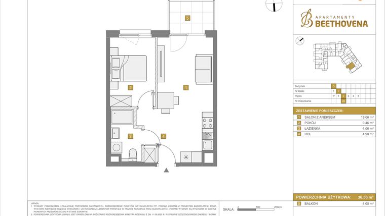Rzut - Mieszkanie na sprzedaż 2 pokoje o powierzchni 36,56 m² - numer D26 w Apartamenty Beethovena etap 2