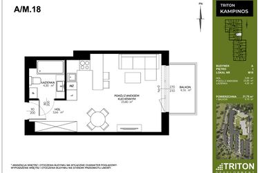 Rzut - Mieszkanie na sprzedaż 1 pokój o powierzchni 31,76 m² - numer A_M18 w Triton Kampinos III