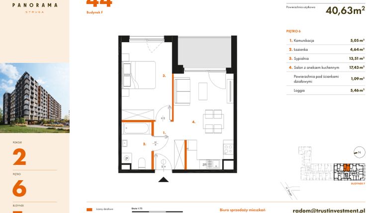 Rzut - Mieszkanie na sprzedaż 2 pokoje o powierzchni 41,72 m² - numer F44 w Panorama Struga