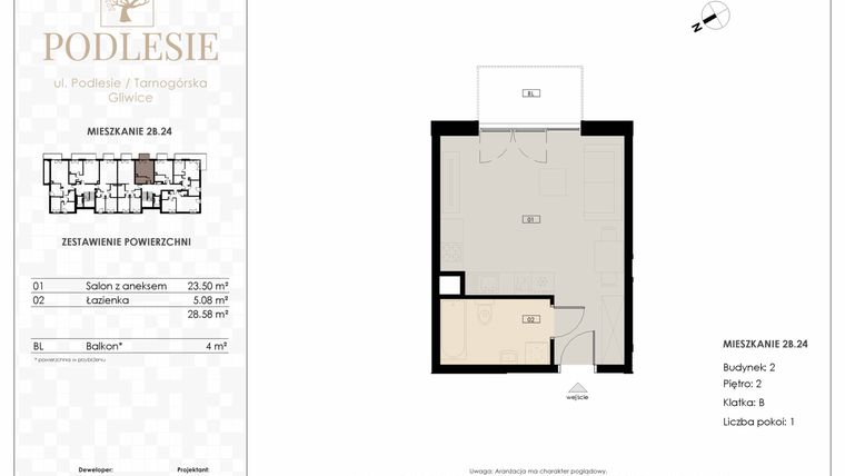 Rzut - Mieszkanie na sprzedaż 1 pokój o powierzchni 28,58 m² - numer 2B.24 w Podlesie