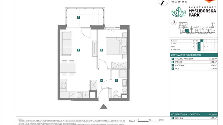 Rzut - Mieszkanie na sprzedaż 2 pokoje o powierzchni 39,53 m² - numer J62 w Apartamenty Myśliborska Park