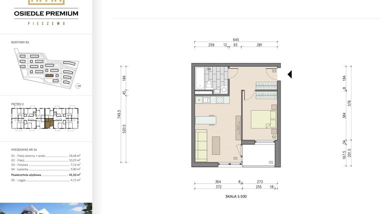 Rzut - Mieszkanie na sprzedaż 2 pokoje o powierzchni 41,1 m² - numer B1.16 w Osiedle Premium etap IV