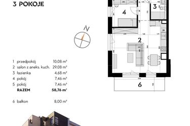 Rzut - Mieszkanie na sprzedaż 3 pokoje o powierzchni 58,76 m² - numer OK-11 w OKI DOKI
