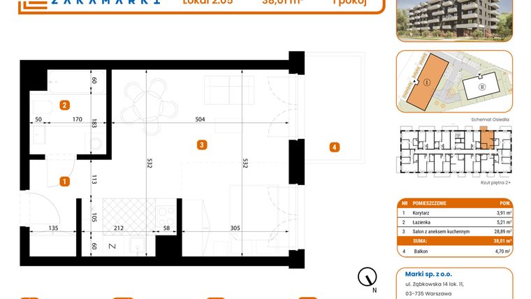 Rzut - Mieszkanie na sprzedaż 1 pokój o powierzchni 38,01 m² - numer B1/2/05 w Zakamarki