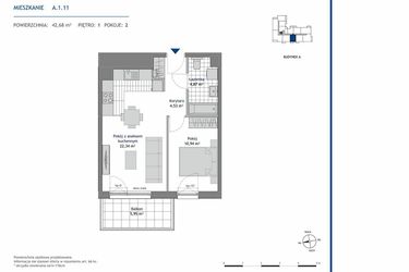 Rzut - Mieszkanie na sprzedaż 2 pokoje o powierzchni 42,68 m² - numer A.1.11 w Linea bud. A