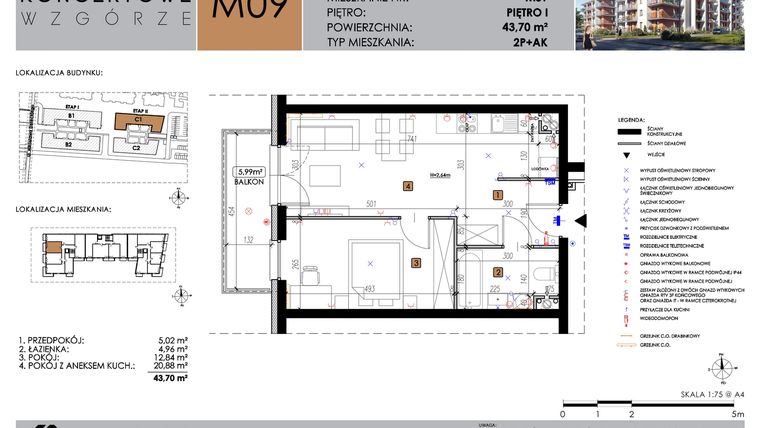 Rzut - Mieszkanie na sprzedaż 2 pokoje o powierzchni 43,7 m² - numer C1_M9 w Koncertowe Wzgórze etap II