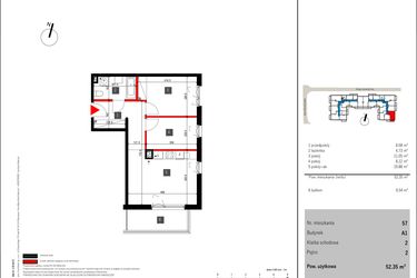 Rzut - Mieszkanie na sprzedaż 3 pokoje o powierzchni 52,35 m² - numer 57 w Mochtyńska 56