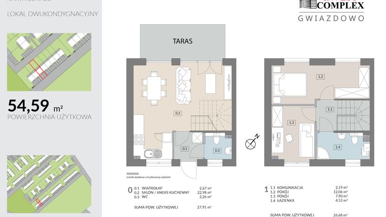 Rzut - Mieszkanie na sprzedaż 3 pokoje o powierzchni 54,59 m² - numer O6.1 w Osiedle Gwiazdowo etap 9