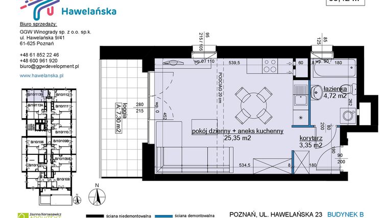 Rzut - Mieszkanie na sprzedaż 1 pokój o powierzchni 33,42 m² - numer B/10/113B w Osiedle Hawelańska etap III - bud. B