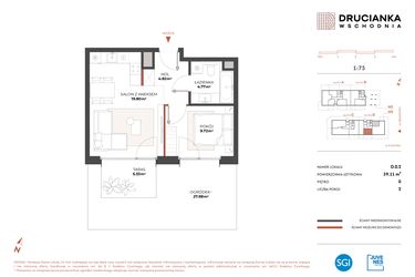 Rzut - Mieszkanie na sprzedaż 2 pokoje o powierzchni 39,11 m² - numer D.0.2 w Drucianka Wschodnia