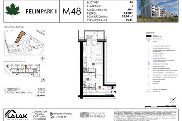 Rzut - Mieszkanie na sprzedaż 1 pokój o powierzchni 28,94 m² - numer M48 w Felin Park II etap 2