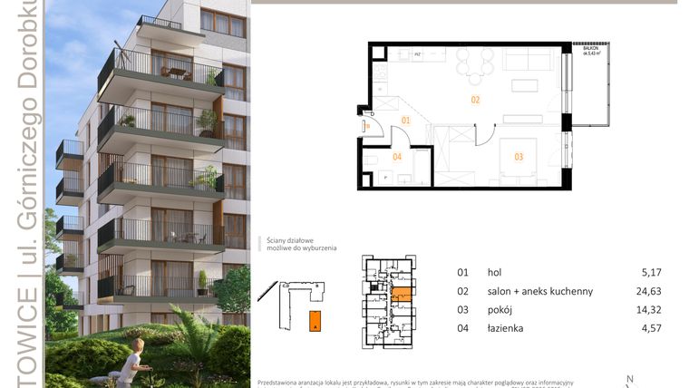 Rzut - Mieszkanie na sprzedaż 2 pokoje o powierzchni 48,69 m² - numer A_14 w Zielony Nikiszowiec
