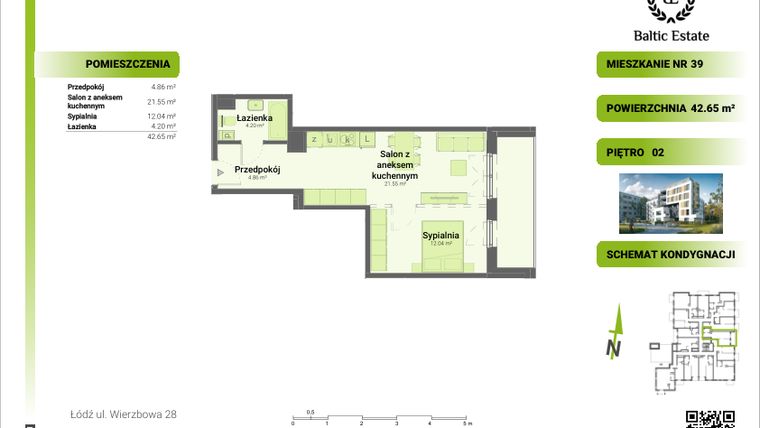 Rzut - Mieszkanie na sprzedaż 2 pokoje o powierzchni 42,65 m² - numer 02.M.39 w Dom Architekta