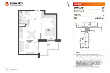 Rzut - Mieszkanie na sprzedaż 2 pokoje o powierzchni 43,85 m² - numer 20 w Locus 2 bud. B2