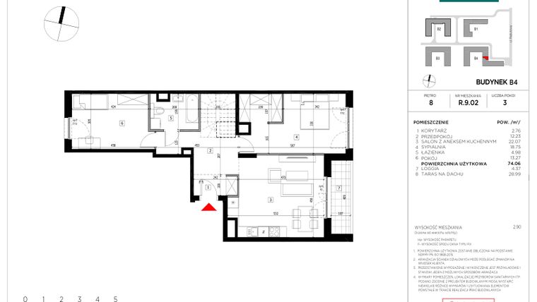 Rzut - Mieszkanie na sprzedaż 3 pokoje o powierzchni 74,01 m² - numer R.9.02 w CityFlow etap II