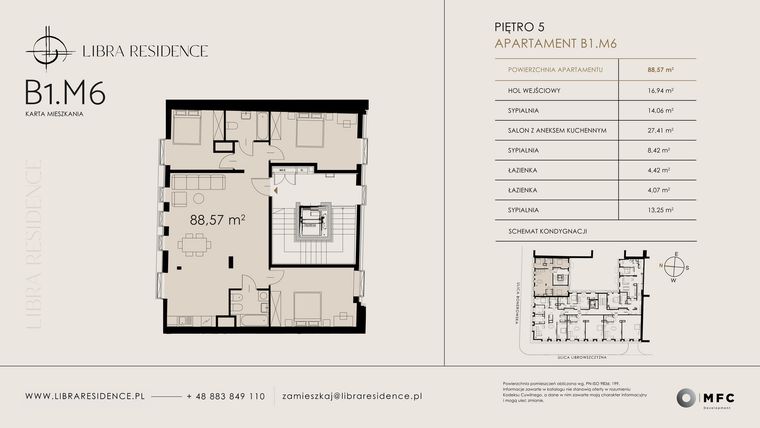 Rzut - Mieszkanie na sprzedaż 4 pokoje o powierzchni 88,57 m² - numer B1.M6 w Libra Residence