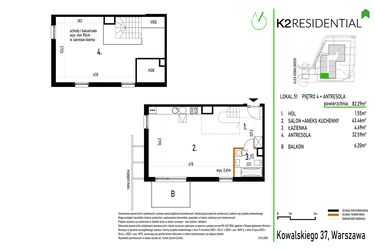 Rzut - Mieszkanie na sprzedaż 1 pokój o powierzchni 82,29 m² - numer 51 w Kowalskiego 37