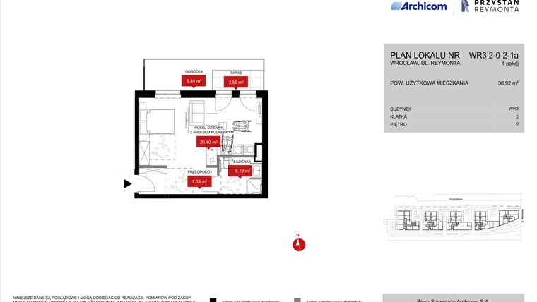 Rzut - Mieszkanie na sprzedaż 1 pokój o powierzchni 38,92 m² - numer WR3 2/0/2/1a w Przystań Reymonta etap II