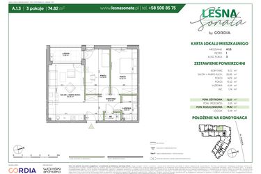 Rzut - Mieszkanie na sprzedaż 3 pokoje o powierzchni 74,82 m² - numer A.1.3 w Leśna Sonata