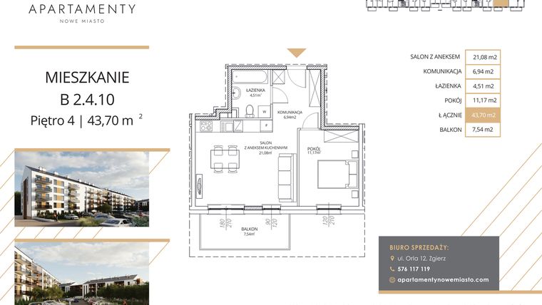 Rzut - Mieszkanie na sprzedaż 2 pokoje o powierzchni 43,7 m² - numer B2.4.10 w Apartamenty Nowe Miasto