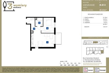 Rzut - Mieszkanie na sprzedaż 2 pokoje o powierzchni 46,43 m² - numer M.B13 w 3 Wymiary Bronowice