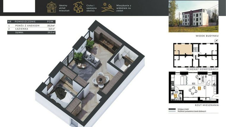 Rzut - Mieszkanie na sprzedaż 1 pokój o powierzchni 39,1 m² - numer 11 w Okrężna 1