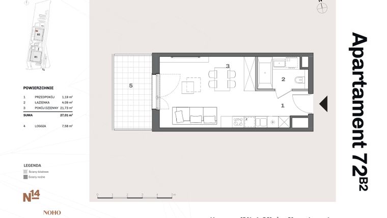 Rzut - Mieszkanie na sprzedaż 1 pokój o powierzchni 27,16 m² - numer B2.72 w Nadgórników 14