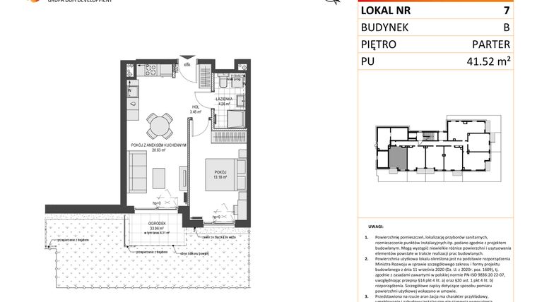 Rzut - Mieszkanie na sprzedaż 2 pokoje o powierzchni 41,52 m² - numer B7 w Przystań Brzeźno etap 1.2