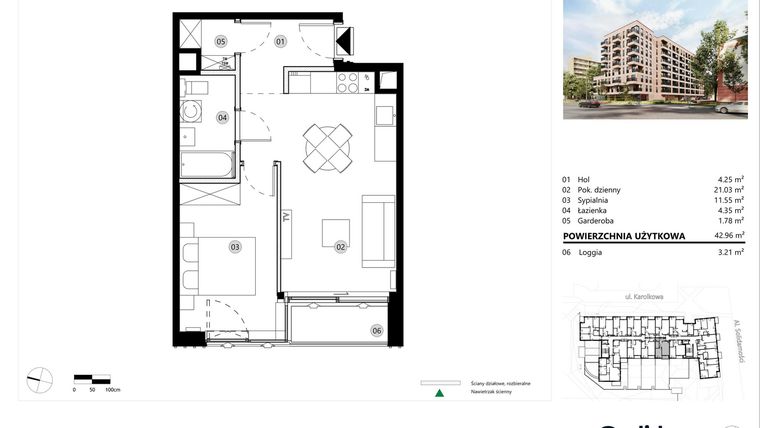 Rzut - Mieszkanie na sprzedaż 2 pokoje o powierzchni 42,96 m² - numer A.02.L.11 w ReVola