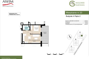 Rzut - Mieszkanie na sprzedaż 2 pokoje o powierzchni 35,05 m² - numer A20 w Wzgórze Gustawa