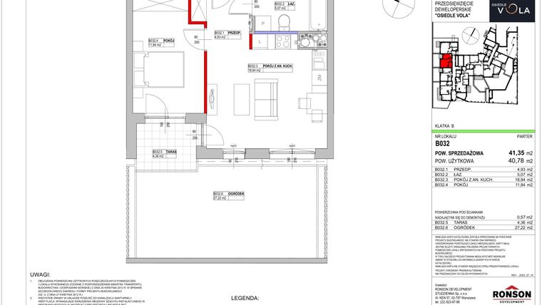 Rzut - Mieszkanie na sprzedaż 2 pokoje o powierzchni 41,35 m² - numer B032 w Osiedle Vola