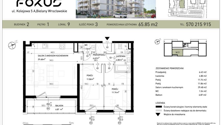 Rzut - Mieszkanie na sprzedaż 3 pokoje o powierzchni 65,85 m² - numer B2-9 w Fokus Bielany