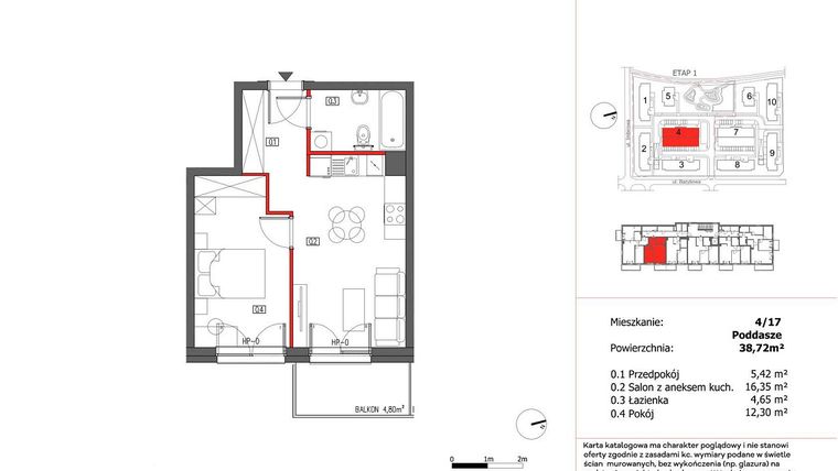 Rzut - Mieszkanie na sprzedaż 2 pokoje o powierzchni 38,72 m² - numer 4/17 w Słoneczny Zakątek