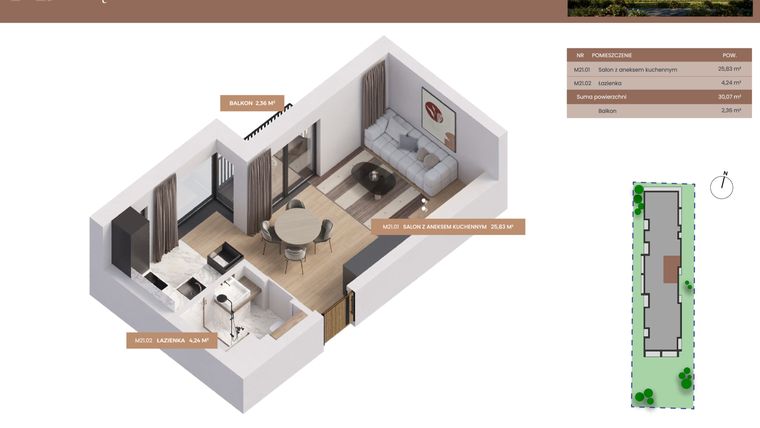 Rzut - Mieszkanie na sprzedaż 1 pokój o powierzchni 30,07 m² - numer 21 w Apartamenty Częstochowska