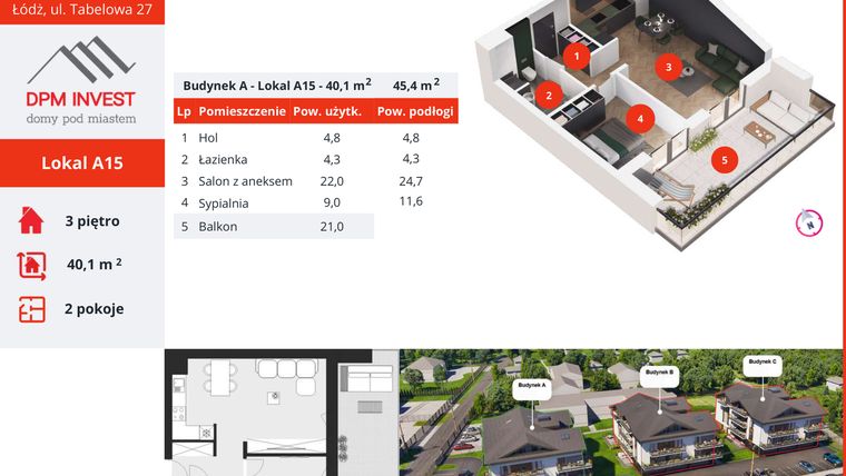 Rzut - Mieszkanie na sprzedaż 2 pokoje o powierzchni 40,1 m² - numer A15 w Apartamenty Tabelowa