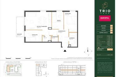 Rzut - Mieszkanie na sprzedaż 4 pokoje o powierzchni 66,78 m² - numer A015 w Trio Park
