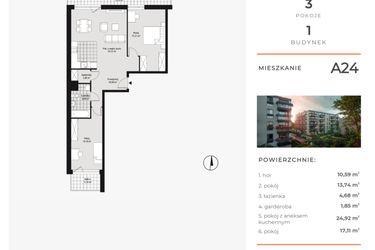Rzut - Mieszkanie na sprzedaż 3 pokoje o powierzchni 72,94 m² - numer A24 w Na Koszutce